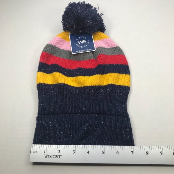 Winter Essentials Girls One Size Multicolor Stripe Knit Beanie with Pom New - Picture 7 of 11